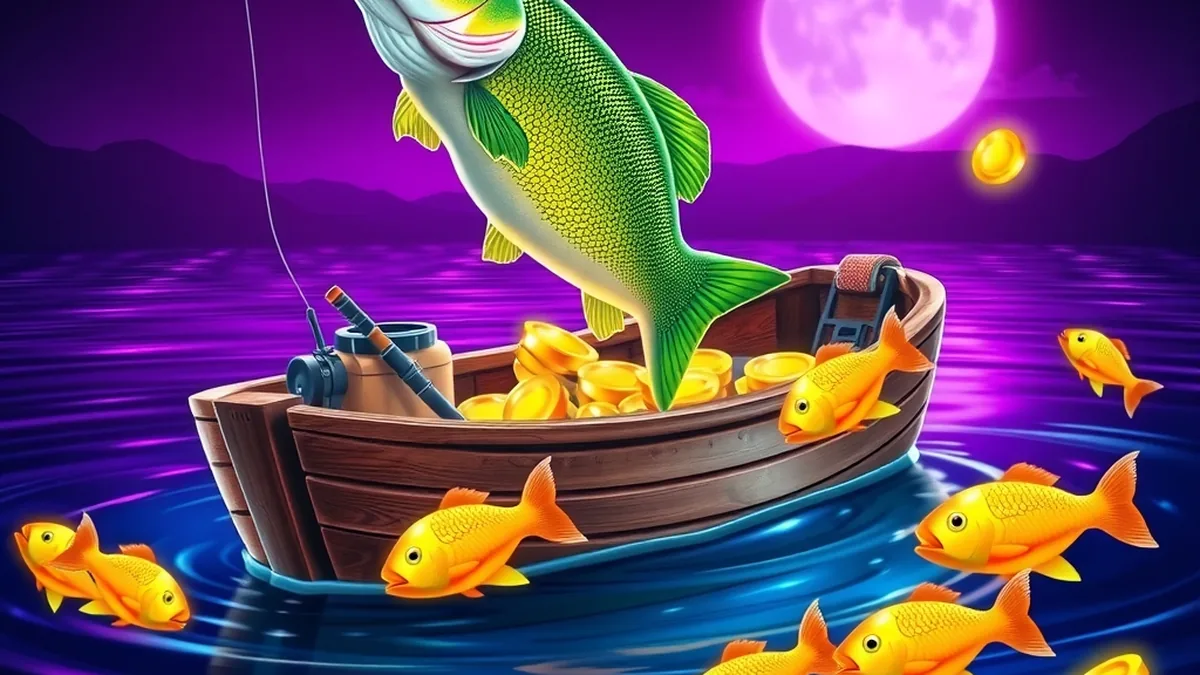 Bass leaping beside a fishing boat with golden money fish, Big Bass Bonanza