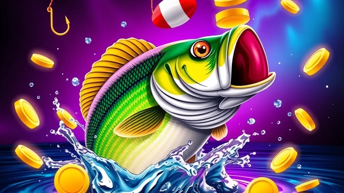 Bass bursting from water with gold coin splash, Big Bass Splash multipliers