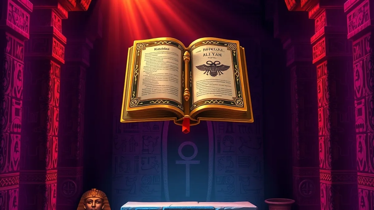 Golden book glowing in an Egyptian tomb, Book of Dead wild symbol