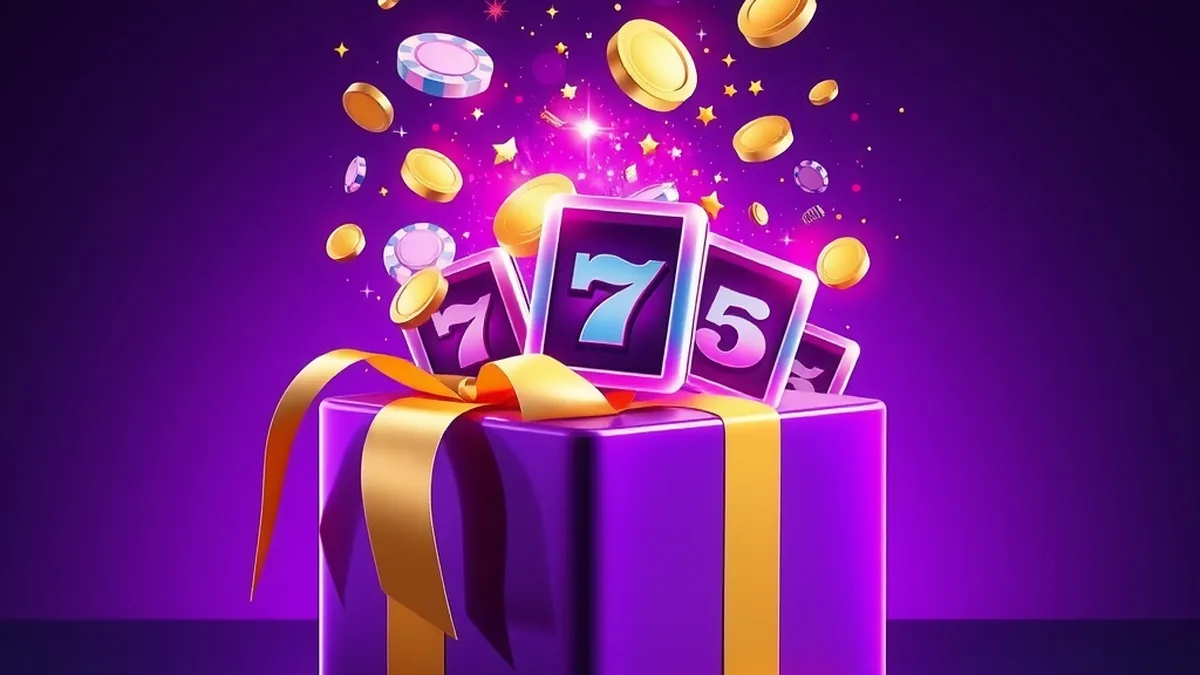 Open gift box bursting with chips, coins and confetti for a welcome bonus