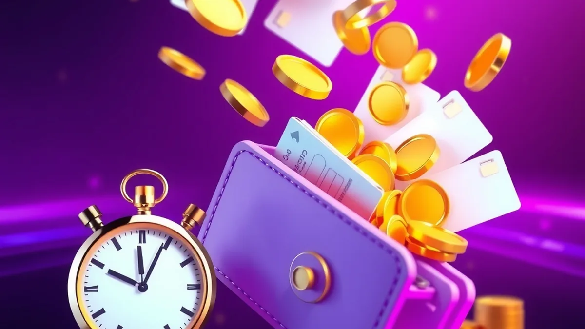 Gold coins and bank cards flying from a digital wallet with stopwatch