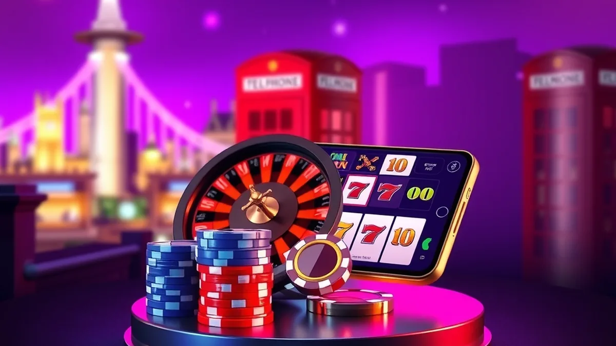 Spinboss casino overview with roulette wheel, chips and phone against London lights