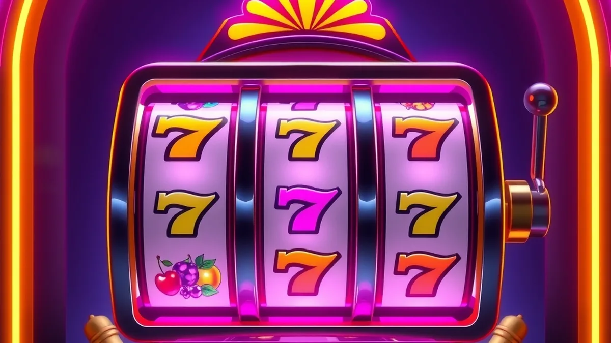 Glowing slot machine with gems and fruit symbols in a casino lobby